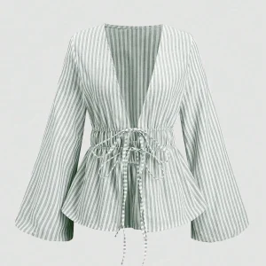 Striped Tie Bow Puff Sleeve Shirt