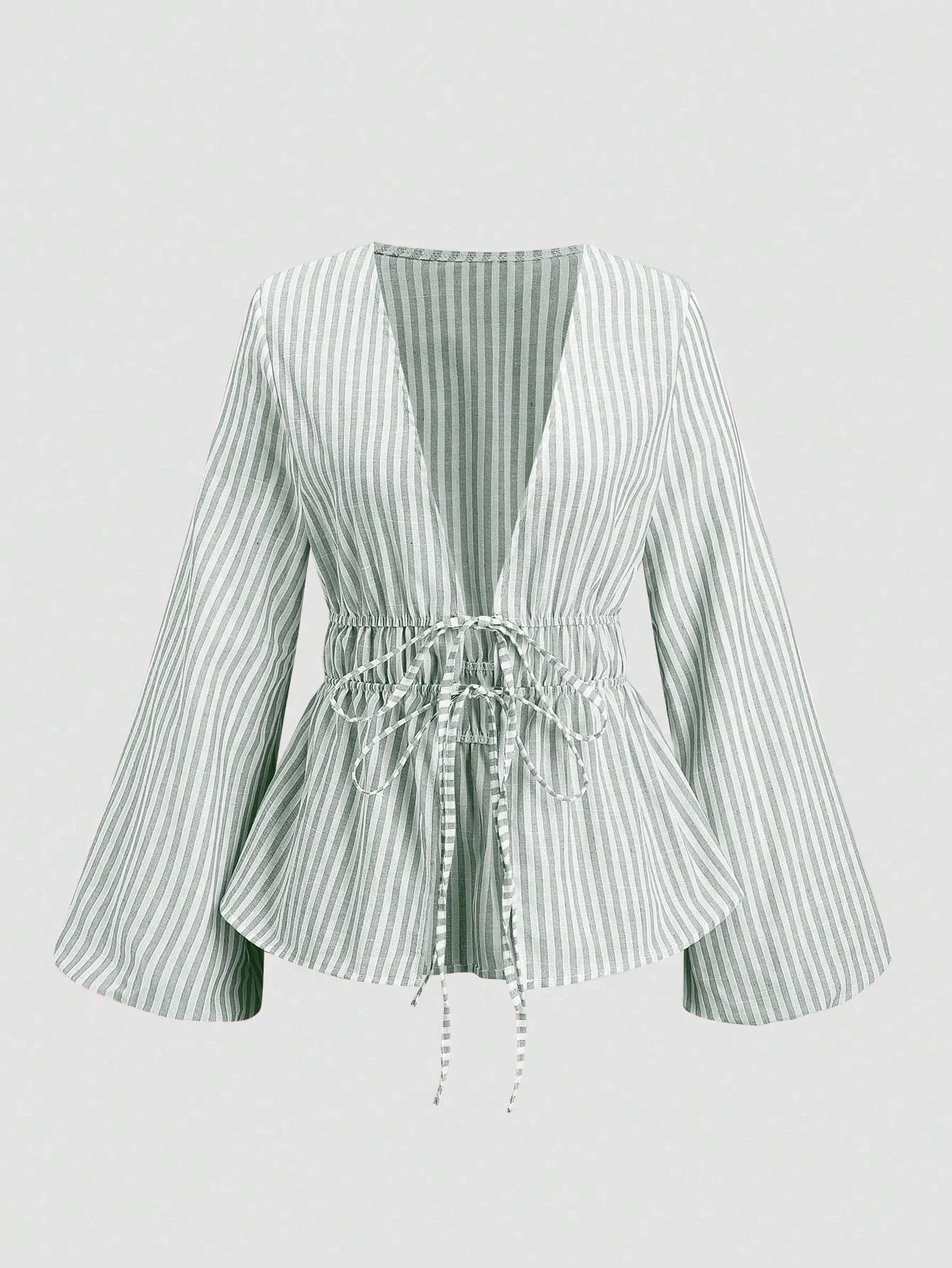 Striped Tie Bow Puff Sleeve Shirt - Image 9