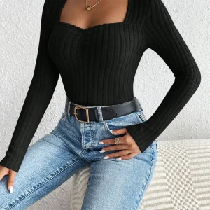 Autumn and winter fashion diamond collar knitted bottom shirt, women's casual long-sleeved tops, knitted long-sleeved T-shirt