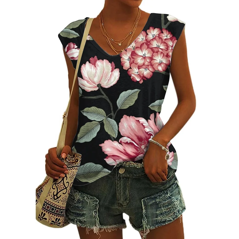 Women's Basic T-shirts Blue Flower Printed Breathable V Neck Cap Sleeves Tank Tops Vintage Summer Beach Loose Fit Tees Tops - Image 16