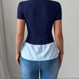 Women's T-shirt Spring Summer Navy Blue Light Blue Contrast Ruffle Hem Valentine's Day Elegant Casual Daily Office Top