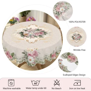 1 Piece of Retro Beige Rose Daisy Pattern Tablecloth, Elegant and Romantic French Style Floral Print Round, Rectangular Tablecloth, Suitable for Home Kitchen, Dining Table, Garden, Courtyard Indoor and Outdoor Decorative Tablecloth, Suitable for Valentine's Day, Mother's Day, Wedding, Birthday, Anni