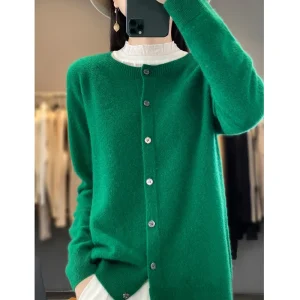 Fashion Women 100% Merino Wool Cardigans Cashmere Sweater Autumn Winter O-neck Long Sleeve Knitwear Female Basic Clothing Tops