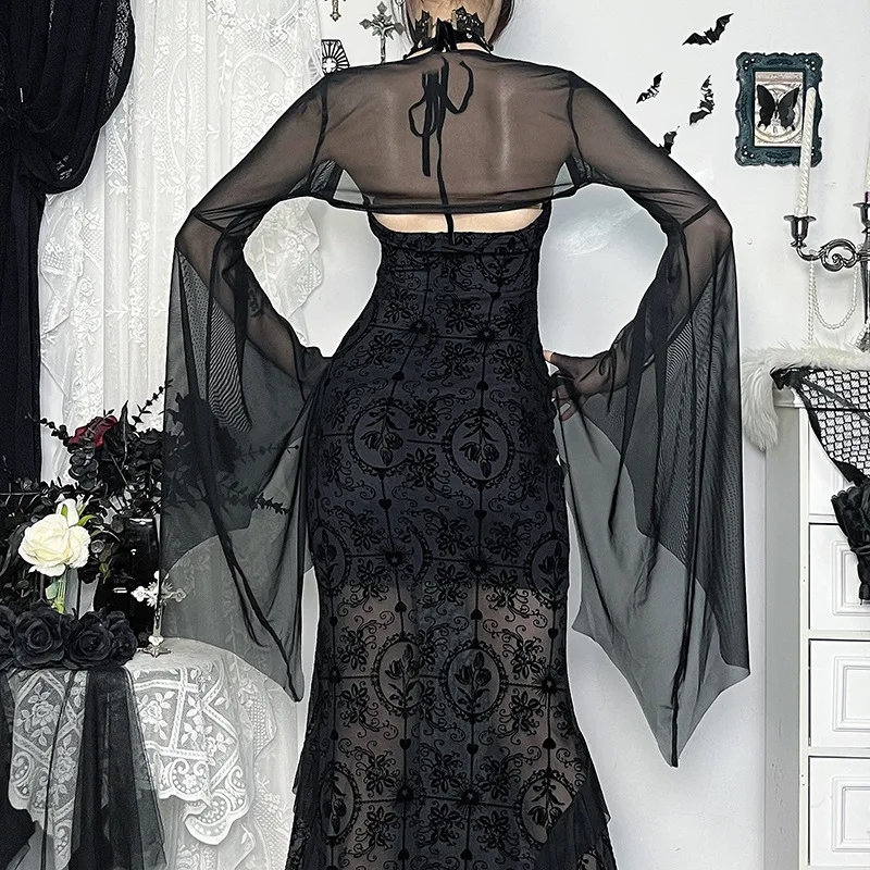 Halloween Gothic Mesh Smock Women Vintage Streetwear Witch See Through Bat Sleeve Crop Blouse Sexy Cosplay Clothes Femme - Image 4
