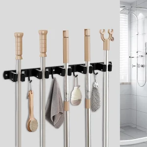 Wall Mount Broom Holder Stainless Steel 5 Racks With 4 Hooks Mop Broom Organizer Heavy Duty Laundry Room Garage Storage Hanger