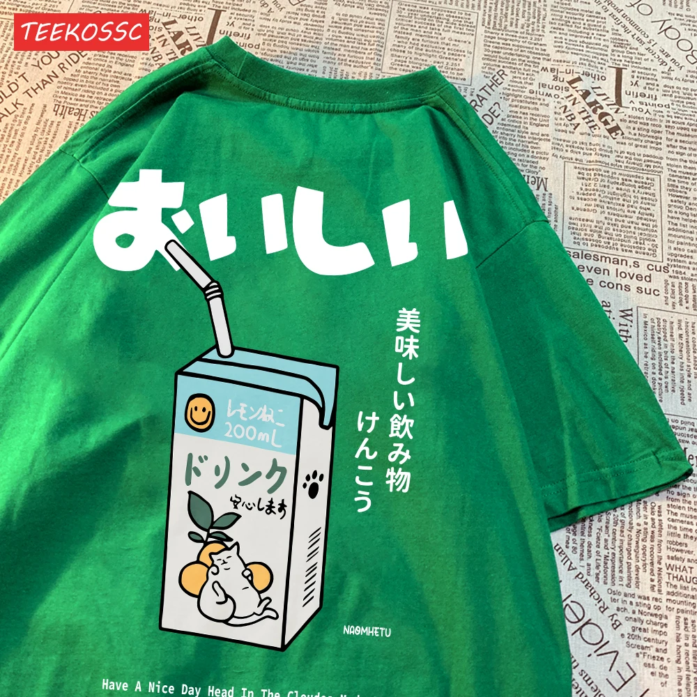 Cute Japanese Cat Print Oversized T-shirt Women Men Short Sleeve Loose Casual Tee Shirt Streetwear Tops Cotton Harajuku Clothing - الصورة 9