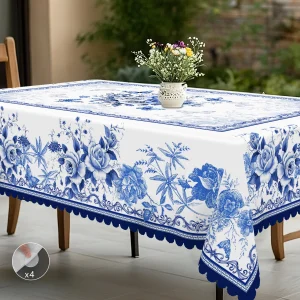 1 Piece of Oriental Retro Blue and White Porcelain Flower Theme Tablecloth, Country Farmhouse Style, Blue and White Flower Pattern Design, Suitable for Spring and Summer Camping Style Picnic, Holiday Party, Garden Birthday Party Decoration, Kitchen Accessories, Restaurant Terrace, Indoor and Outdoor
