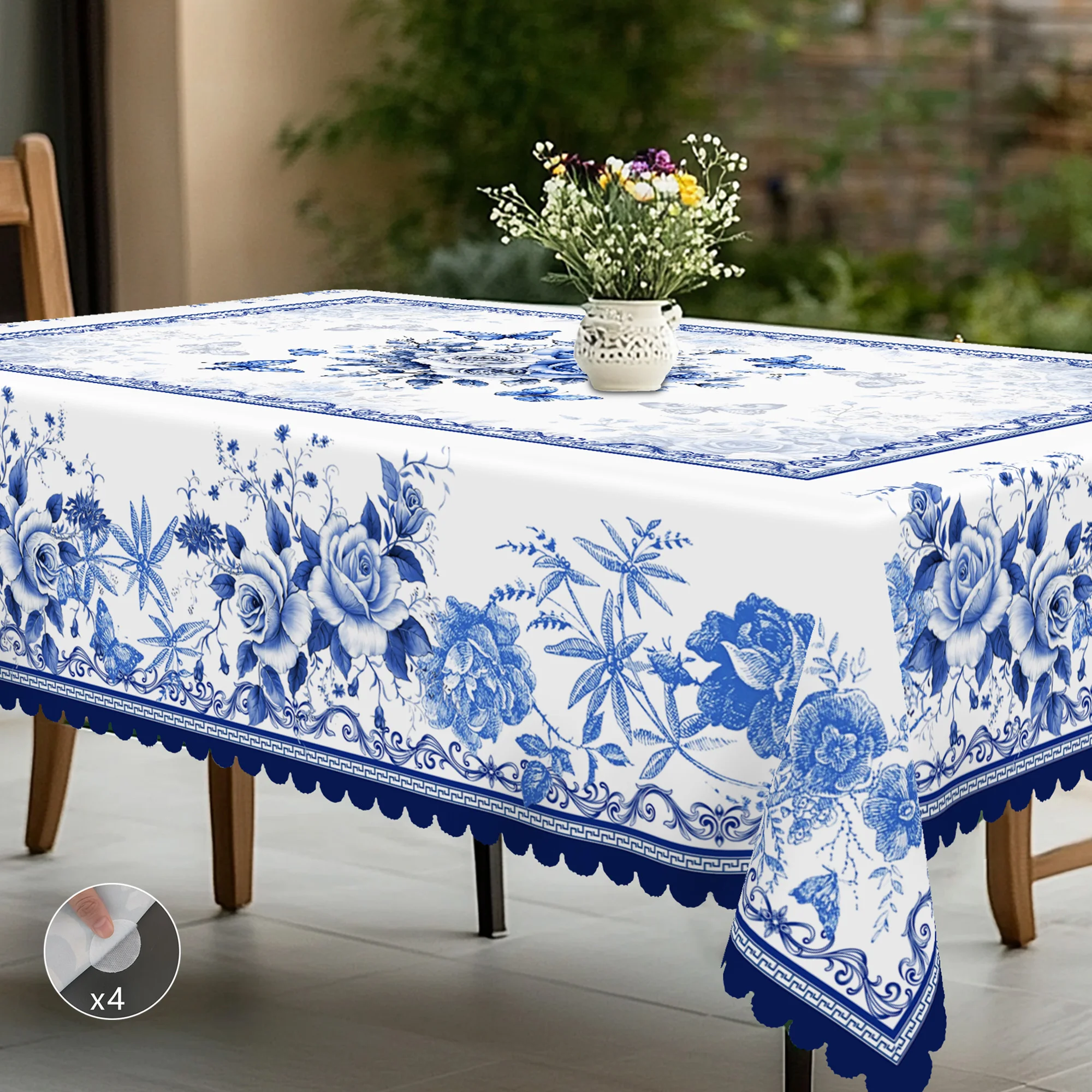 1 Piece of Oriental Retro Blue and White Porcelain Flower Theme Tablecloth, Country Farmhouse Style, Blue and White Flower Pattern Design, Suitable for Spring and Summer Camping Style Picnic, Holiday Party, Garden Birthday Party Decoration, Kitchen Accessories, Restaurant Terrace, Indoor and Outdoor - الصورة 2
