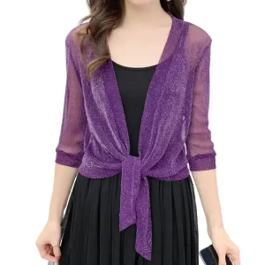 Women's Sparkling Lace-Up Cardigan Summer Sheer Cover Up Lightweight Loose Blouse Half Sleeve Beachwear Casual Glitter Jacket