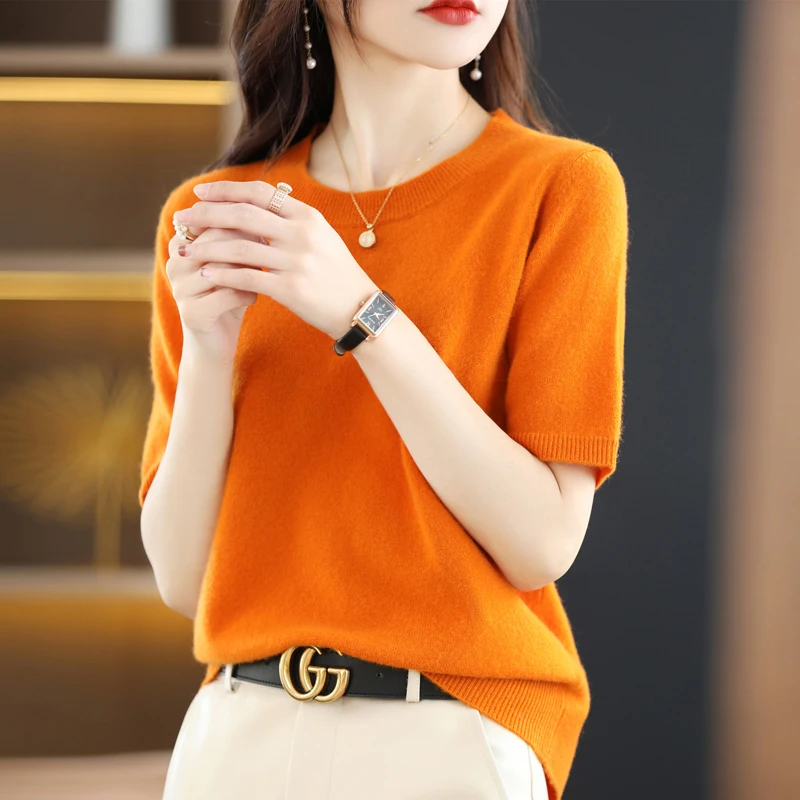 New Short-sleeved Knitwear Women O-neck T-shirt Wool Cotton Blend Pullover Vest Sprig Summer Bottoming Tops Sweater Solid Soft - Image 3