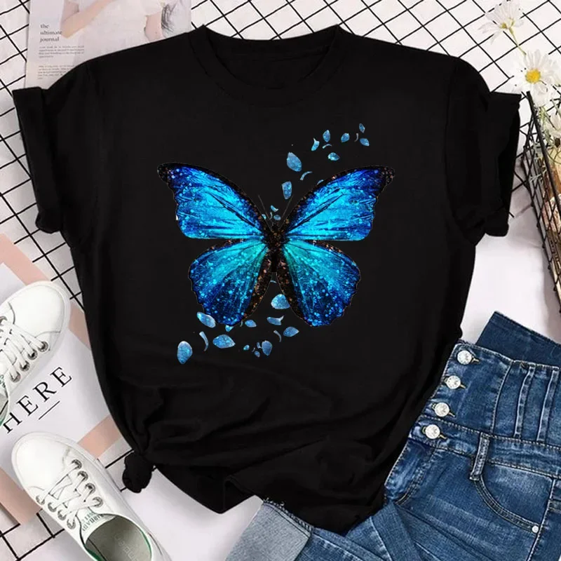 New Fashion Women T-shirt Colorful Butterfly Petal Print Short Sleeve and Round Neck Cute Graphic Tee Shirts Female Tops Clothin - Image 5