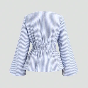 Striped Tie Bow Puff Sleeve Shirt