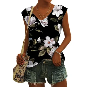 Women's Basic T-shirts Blue Flower Printed Breathable V Neck Cap Sleeves Tank Tops Vintage Summer Beach Loose Fit Tees Tops