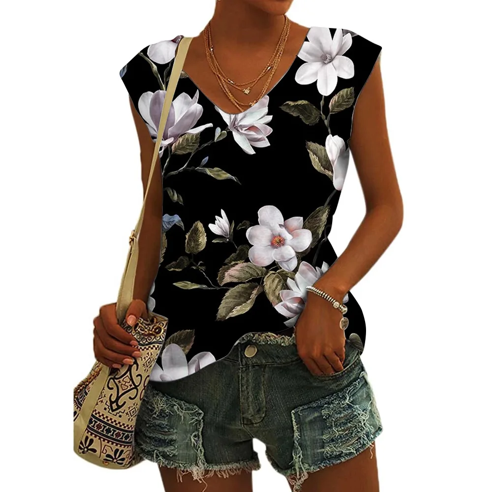 Women's Basic T-shirts Blue Flower Printed Breathable V Neck Cap Sleeves Tank Tops Vintage Summer Beach Loose Fit Tees Tops - Image 21