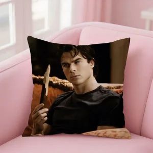 Damon Salvatore The Vampire Diaries Pillow Case Square Double-Sided Printing Short Plush Sofa Cushion Cover Bedroom