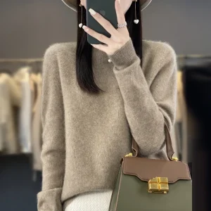 100% Merino solid color sweater ladies autumn and winter new solid color O-neck long sleeve warm fashion loose knit sweater