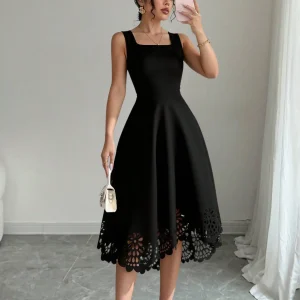 Minimalist Black Fit-and-Flare Dress Square Neck Sleeveless Laser Cut Lace Hem Casual Wedding Guest Dress