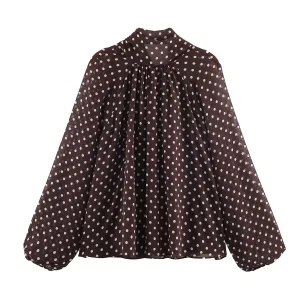 Women Polka Dot Print Blouse Casual High Collar Long Sleeve Lady Top Simple Women's Blouse Female Shirts & Blouses