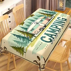 Happy Camper Retro Camping Tablecloth Vintage Camper Van & Hearts Wood Design Durable Table Cover for Indoor Outdoor Use