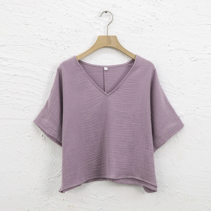 Muslin 100% Cotton Short Sleeve Tee Sexy V-Neck Oversized T-Shirt Streetwear Top Shirts And Blouse Lady Pulovers Camisetas - الصورة 5