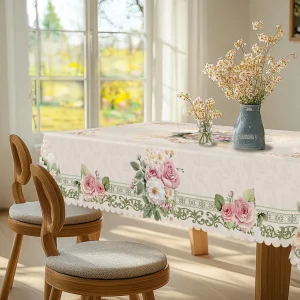 1 Piece of Retro Beige Rose Daisy Pattern Tablecloth, Elegant and Romantic French Style Floral Print Round, Rectangular Tablecloth, Suitable for Home Kitchen, Dining Table, Garden, Courtyard Indoor and Outdoor Decorative Tablecloth, Suitable for Valentine's Day, Mother's Day, Wedding, Birthday, Anni