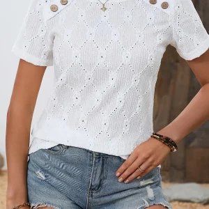 Women's Summer Elegant Solid T Shirt Casual Office Lady O Neck Shirt Button Fashion Female Tops