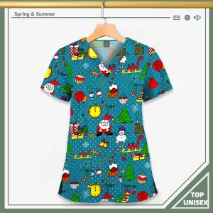 Surgical Uniform Printing Holiday Beautiful Shirt V-neck Style Pocket Design Blouse Surgical Top Woman Men Nurse Medical Uniform