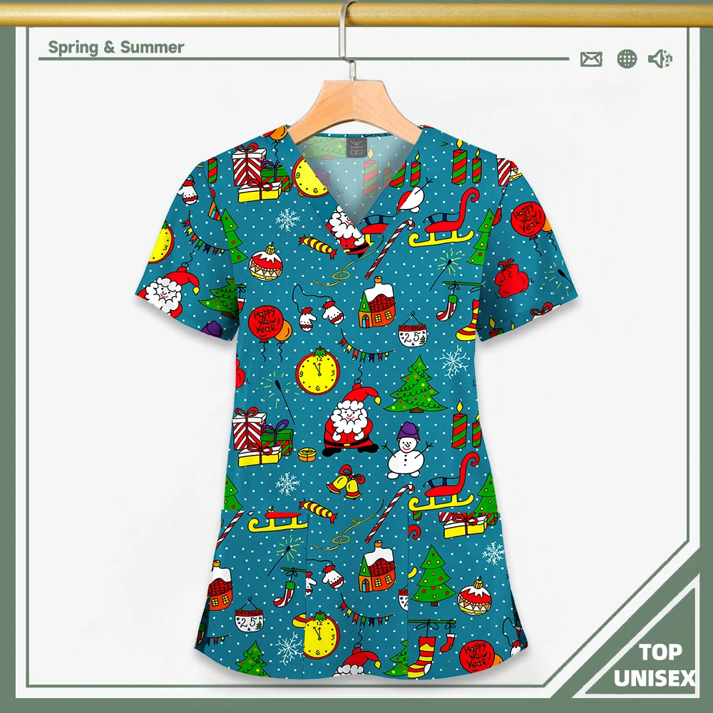 Surgical Uniform Printing Holiday Beautiful Shirt V-neck Style Pocket Design Blouse Surgical Top Woman Men Nurse Medical Uniform - الصورة 9