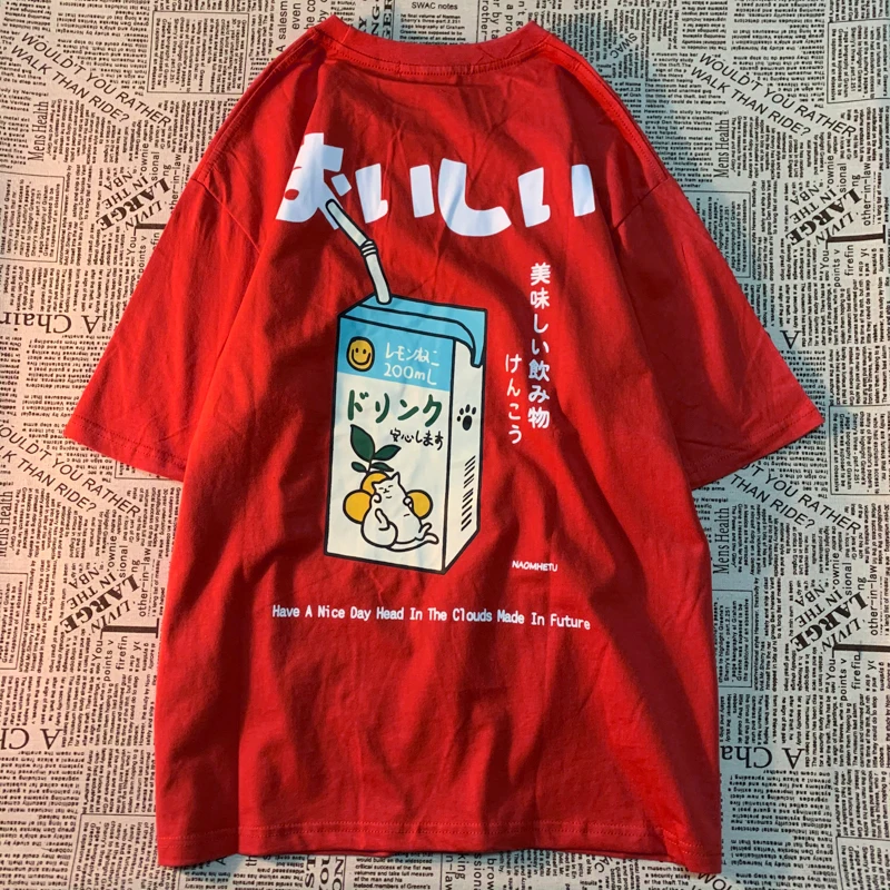 Cute Japanese Cat Print Oversized T-shirt Women Men Short Sleeve Loose Casual Tee Shirt Streetwear Tops Cotton Harajuku Clothing - الصورة 2