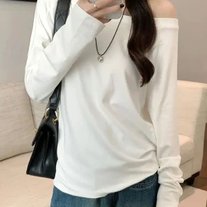 Oversize Off shoulder Long sleeve T shirt Women Solid color Casual Tops Lady Spring Autumn Basic Tees Korean style Youth Blouses