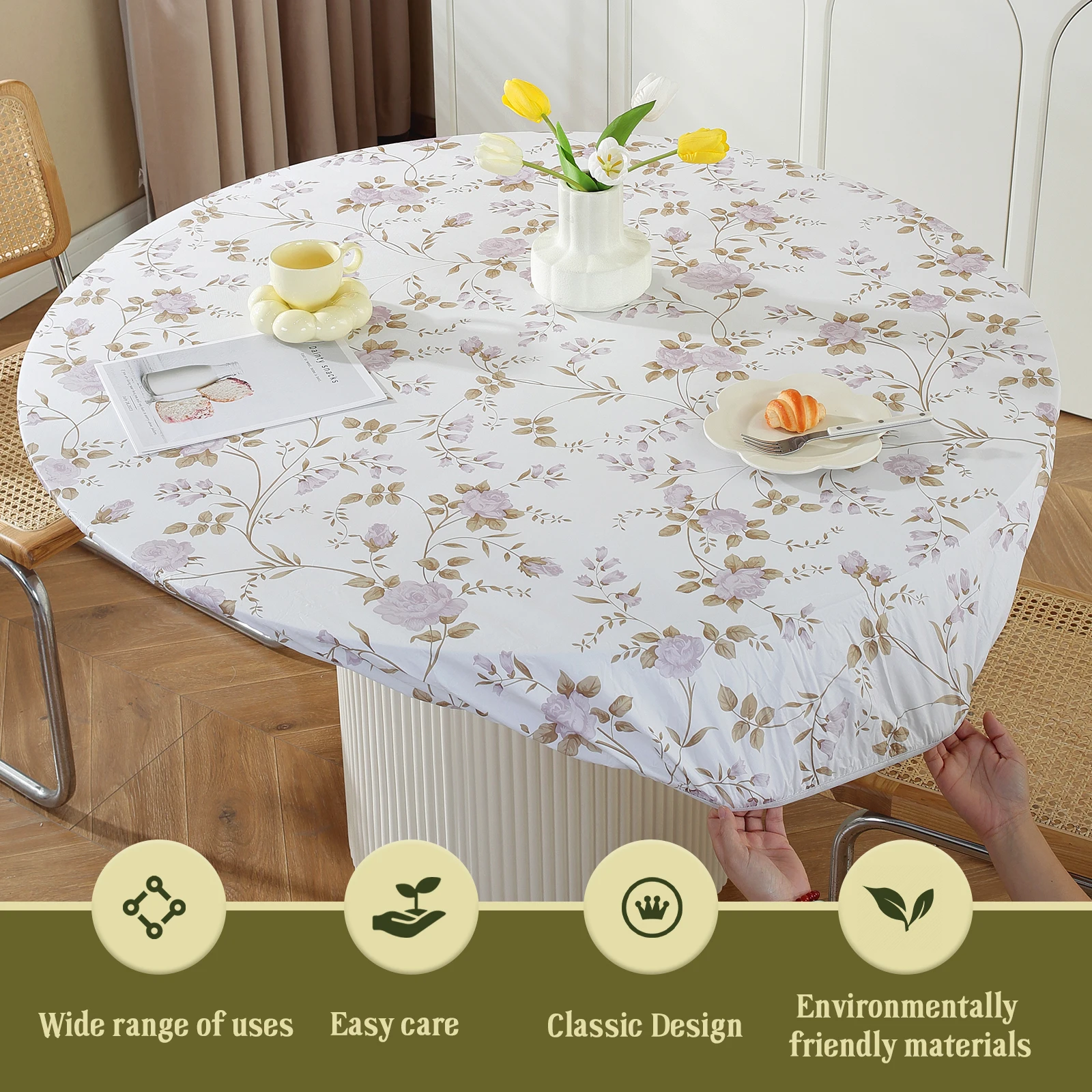 Elastic Round Table Cover Fitted Vinyl Waterproof Tablecloth Reusable Flower Dining Table Cloth For Home Table Protector Decor - Image 3
