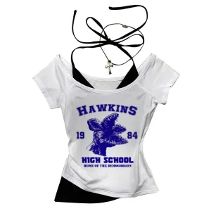 Hawkins Demogorgon White Short Sleeve Vintage Basic Tees Ladies Clothes Grunge Graphic Top Casual T Shirt Women