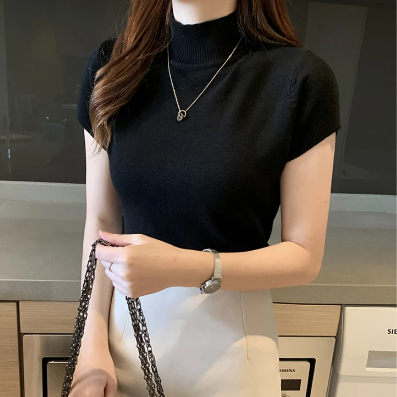 Spring Summer Women Knitted T-Shirts Short Sleeve Shirts Tops Female Elastic Slim Casual Knit Tee Crop Tops Women's T-Shirts - Image 3