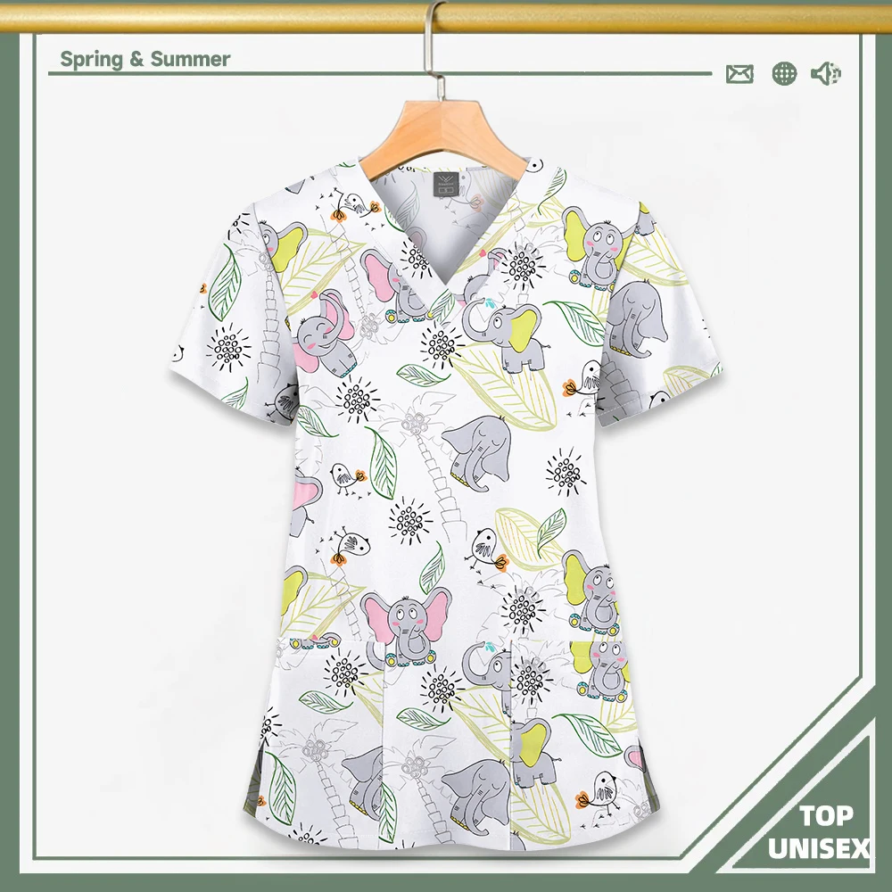 Surgical Uniform Printing Holiday Beautiful Shirt V-neck Style Pocket Design Blouse Surgical Top Woman Men Nurse Medical Uniform - الصورة 22