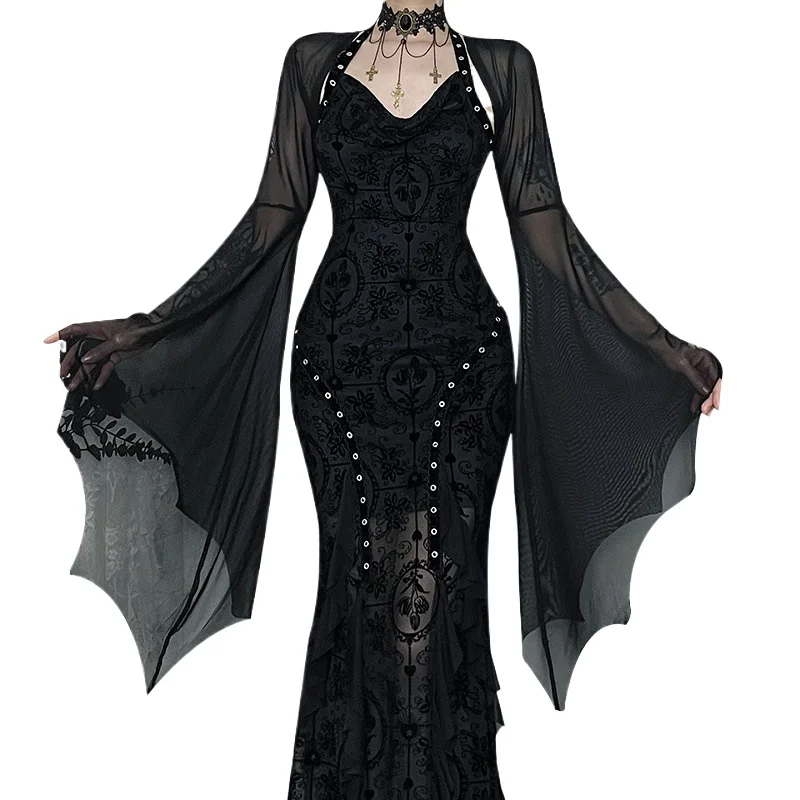 Halloween Gothic Mesh Smock Women Vintage Streetwear Witch See Through Bat Sleeve Crop Blouse Sexy Cosplay Clothes Femme - Image 5