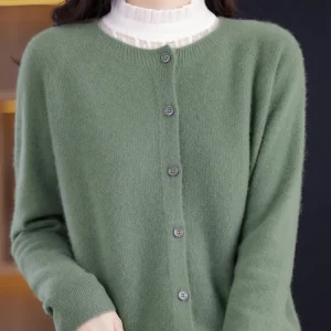 2024 New Chic Women's Basic O-neck Cardigan 100% Merino Wool Sweater Soft Grace Knitwear CoatSpring Autumn Female Clothes Tops