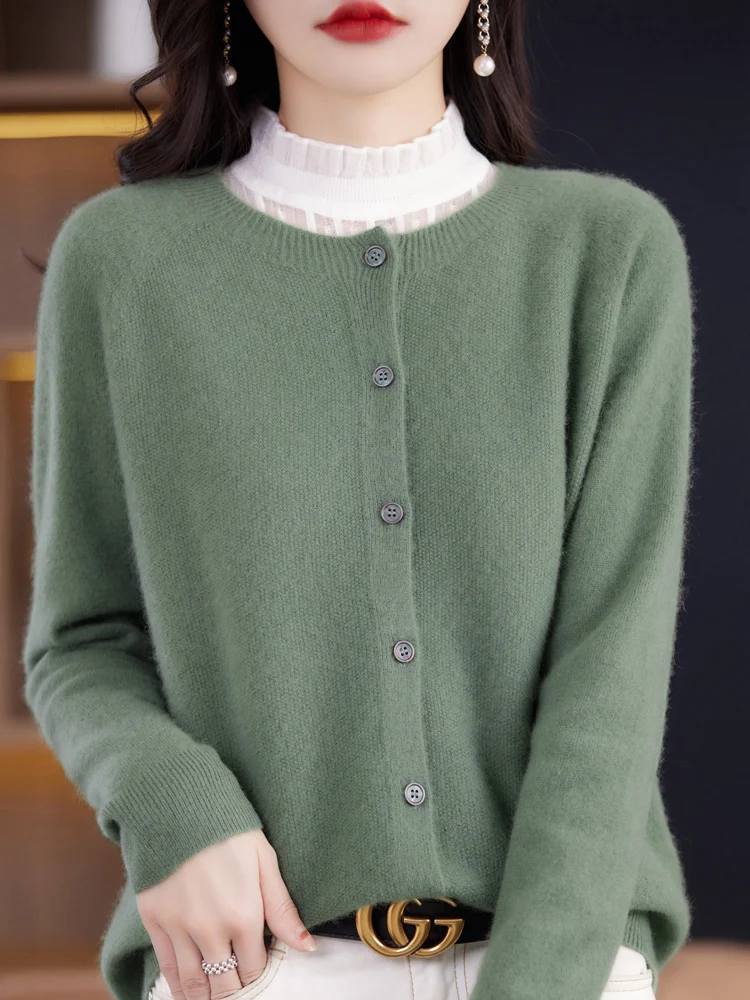 2024 New Chic Women's Basic O-neck Cardigan 100% Merino Wool Sweater Soft Grace Knitwear CoatSpring Autumn Female Clothes Tops - الصورة 8