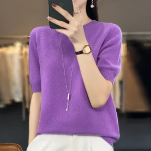 100% pure wool women's round neck sweater short sleeve seamless loose knit half sleeve bottoming sleeve.