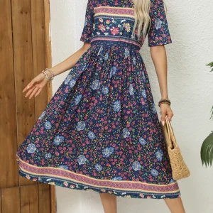 2024 Europe and America autumn ladies round neck short sleeve long skirt Bohemian print dress woman