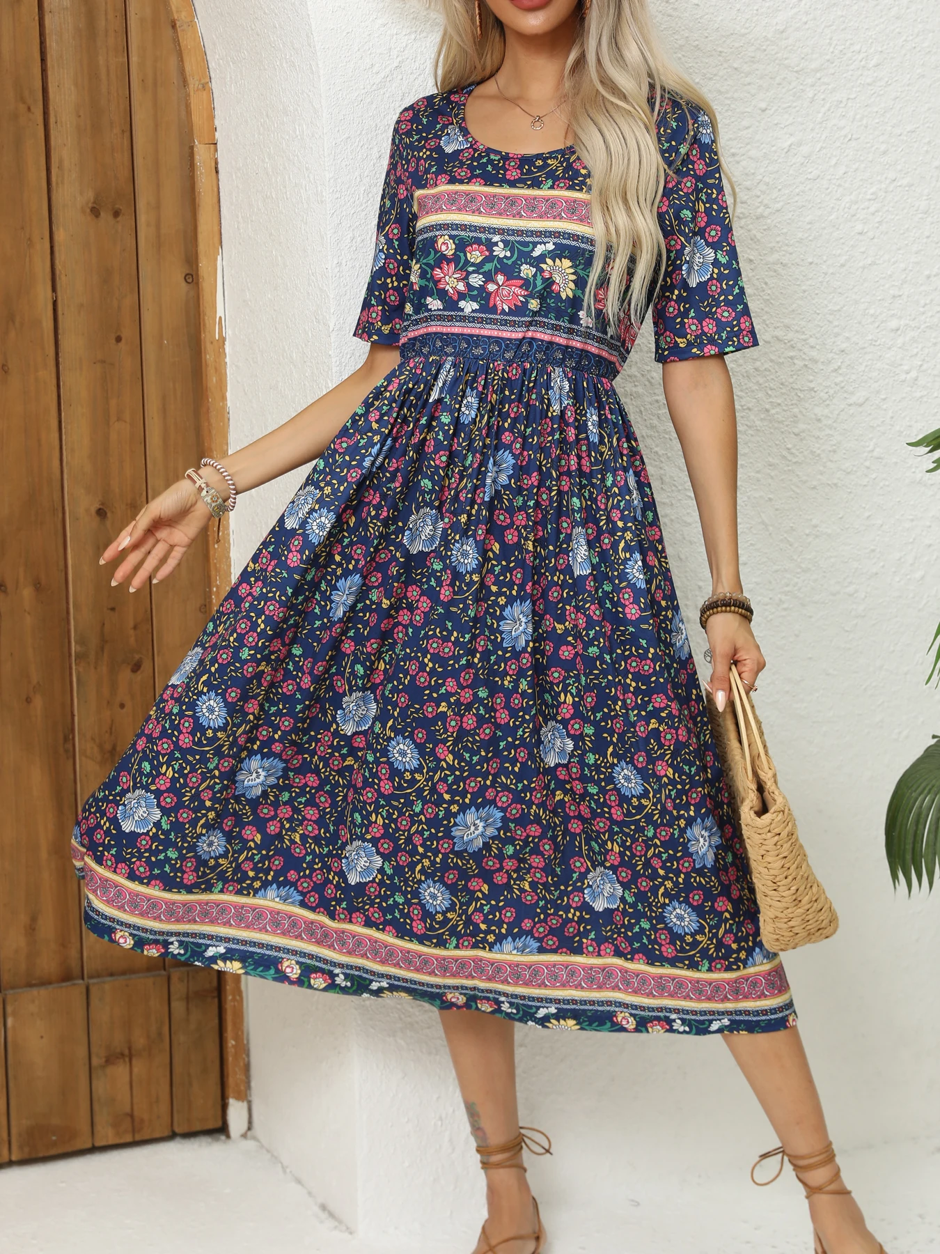 2024 Europe and America autumn ladies round neck short sleeve long skirt Bohemian print dress woman - Image 4