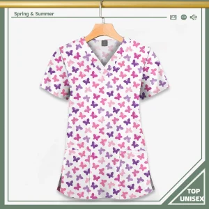 Surgical Uniform Printing Holiday Beautiful Shirt V-neck Style Pocket Design Blouse Surgical Top Woman Men Nurse Medical Uniform