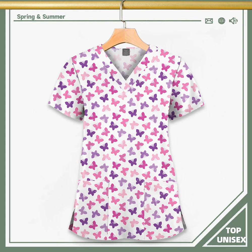 Surgical Uniform Printing Holiday Beautiful Shirt V-neck Style Pocket Design Blouse Surgical Top Woman Men Nurse Medical Uniform - الصورة 27