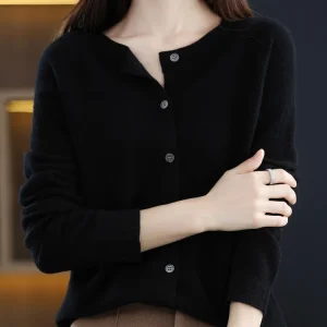 Aliselect Autumn Winter Women 100% Merino Wool Sweater O-Neck Tops Long Sleeve Basic Cashmere Knitwear Cardigan Clothing Coat
