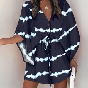 Women Print Dress Sexy V-Neck Bat Sleeve Ruffl Flowers Print Bohemian Beach Sundress Ladies Loose Summer Vacation Mini Dresses