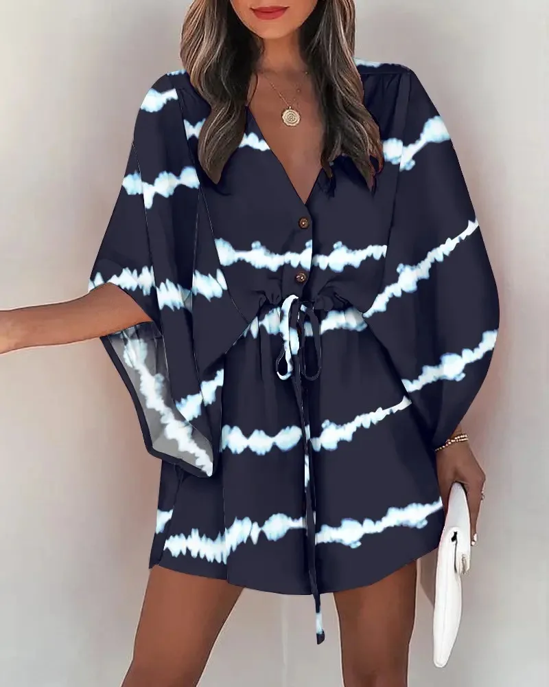 Women Print Dress Sexy V-Neck Bat Sleeve Ruffl Flowers Print Bohemian Beach Sundress Ladies Loose Summer Vacation Mini Dresses - Image 3