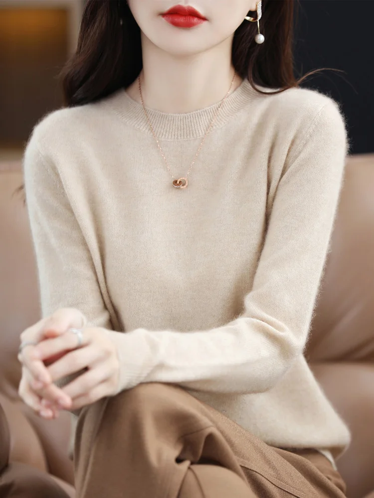 Fashion 100% Merino Wool Sweater Elegant Cashmere Pullover Women O-Neck Long Sleeve Knitwear Basic Clothing Jumper Tops - Image 7