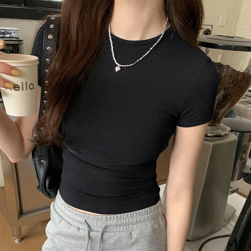 Basic Solid Crop Top Short Sleeve Crewneck Skinny T-shirt Summer Casual Tee for Women y2k Vintage Top Harajuku Streetwear - الصورة 8