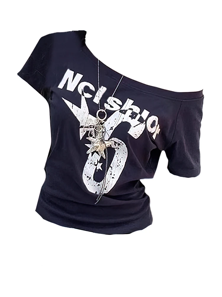 Y2k Sport Summer Off shoulder Top Women Sexy Vintage 2000s Short sleeve T shirt Lady Body Basic Crop Top Female Casual - Image 2