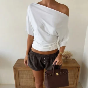 Talenza Summer One Shoulder Tops Fashion Slim Shrink Short Sleeve T-Shirts Sexy Party Y2k Streetwear Solid Pullover Tops Women