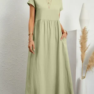 Women Vintage Solid Dress 2023 Summer Elegant O Neck Short Sleeve Cotton Linen Dresses Female Casual Loose Sundress Long Dress